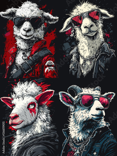 Cool sheep and goats in punk rock style with sunglasses and leather jackets, perfect for edgy design, streetwear art, or unique character illustration projects.

