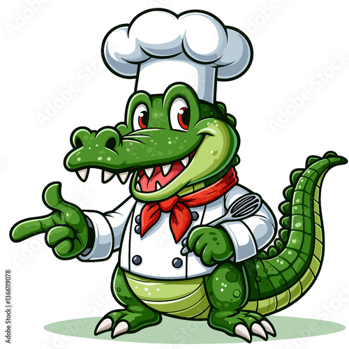 A cartoon crocodile chef with a red bandana on his neck