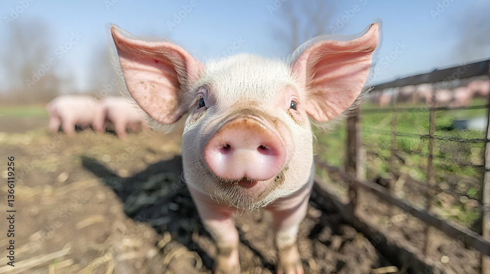 Close-up view of an adorable piglet, exhibiting endearing curiosity outdoors Close-up view of an adorable piglet, exhibiting endearing curiosity outdoors