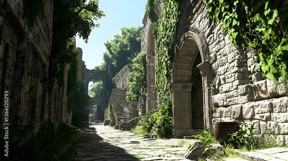 Sunlit Stone Passage With Green Ivy Covered Walls And Archways Under Blue Sky Sunlit Stone Passage With Green Ivy Covered Walls And Archways Under Blue Sky
