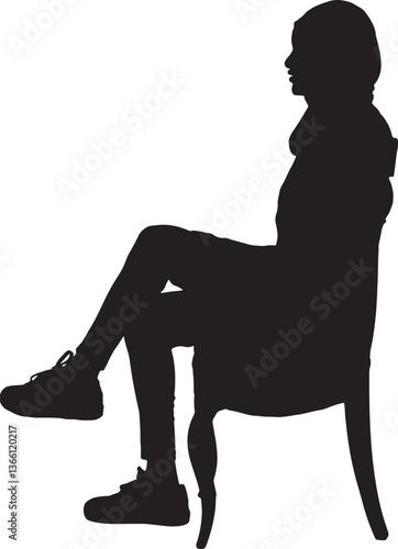 vector; silhouette of side view of a  woman with burqa, jeans and legs crossed sitting on chair