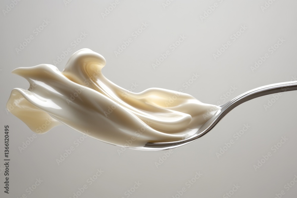 Creamy, smooth substance swirls elegantly on a fork, showcasing its texture and flow. Creamy, smooth substance swirls elegantly on a fork, showcasing its texture and flow.