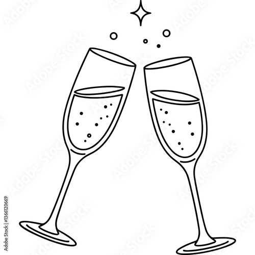 Champagne glasses toasting with sparkling champagne in black and white line art style for celebration and special occasions