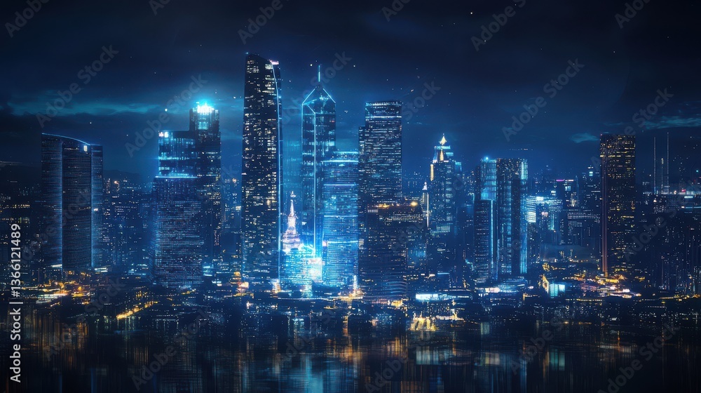 Fototapeta premium Night city skyline landmark building future concept technology background image.