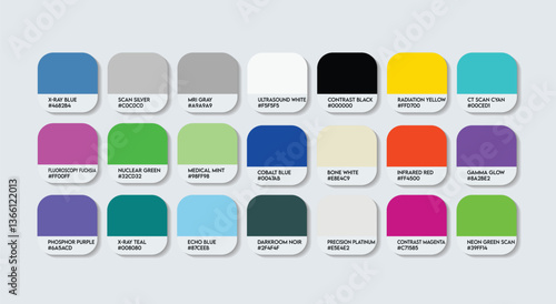 Radiologist Color Guide Palette with Color Names. Catalog Sample of Radiologist with RGB HEX codes and Names. Construction sector Color Palette, plastic, metal, Strong stone, Trend Color Palette