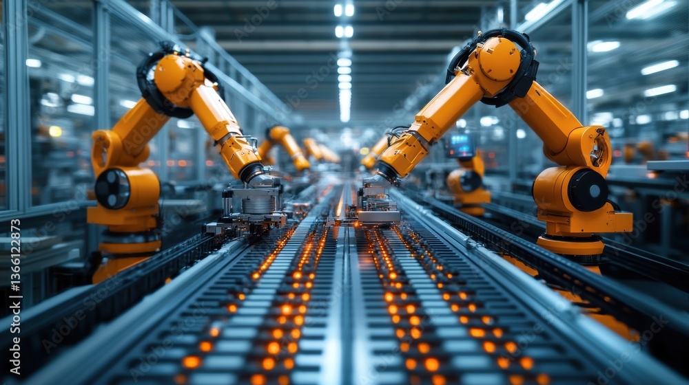 An automated factory production line assembling products with robotic arms and precision tools, operating at high efficiency An automated factory production line assembling products with robotic arms and precision tools, operating at high efficiency
