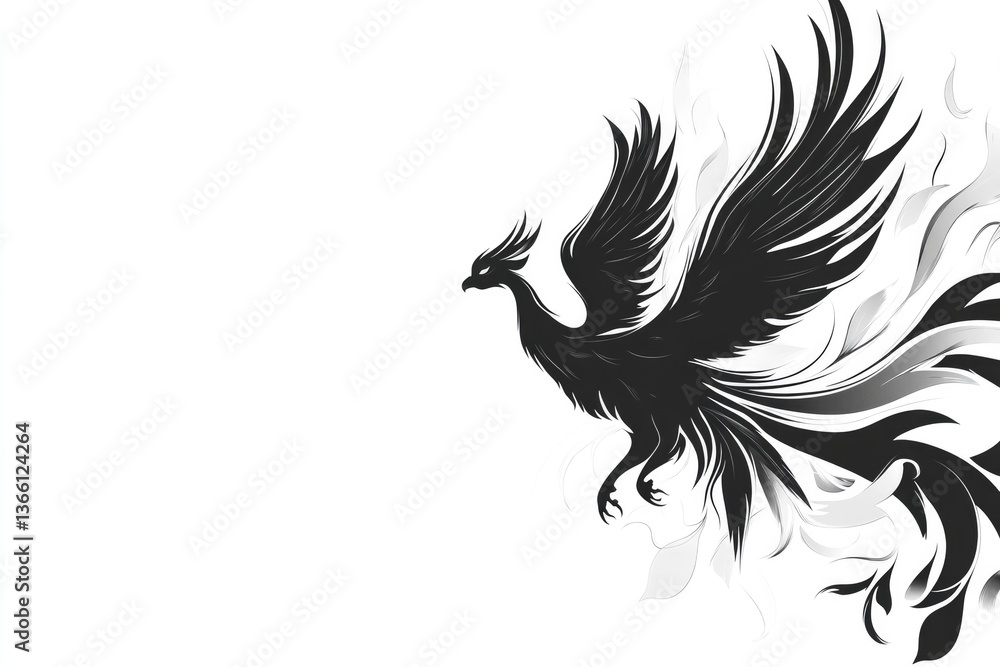 Obraz premium black-and-white vector of phoenix rising from flames with dynamic flowing feathers