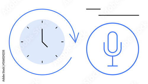Clock encircled by arrow beside microphone, focusing on concepts of time tracking, scheduling, and voice recording. Ideal for productivity, podcasting, time management, scheduling, broadcasting
