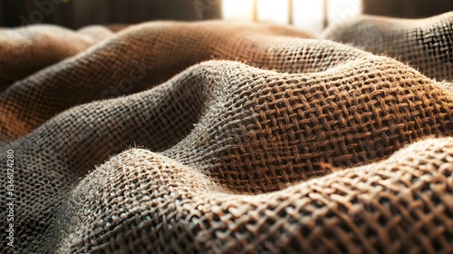 Closeup of Softly Textured Burlap Fabric Draped with Gentle Waves and Warm Light