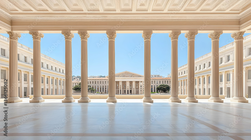 Fototapeta premium Elegant White Classical Architecture With Columns And Balcony Against Blue Sky With Bright Sunlight