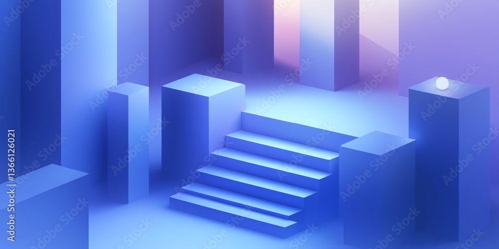 Exploring Modern Blue Geometric Architecture with Stairs and Subtle Light Exploring Modern Blue Geometric Architecture with Stairs and Subtle Light