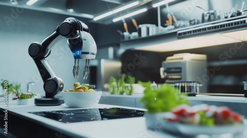 An AI powered robotic chef preparing gourmet molecular cuisine in a futuristic restaurant, sleek high-tech kitchen with precise automated cooking processes, Culinary technology style