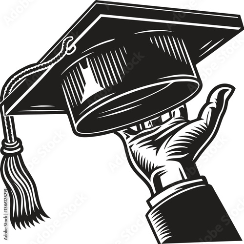 A Symbolic Hand of Achievement: A hand, extending upward in a gesture of triumph, delicately holds a classic mortarboard, a symbol of academic success. 