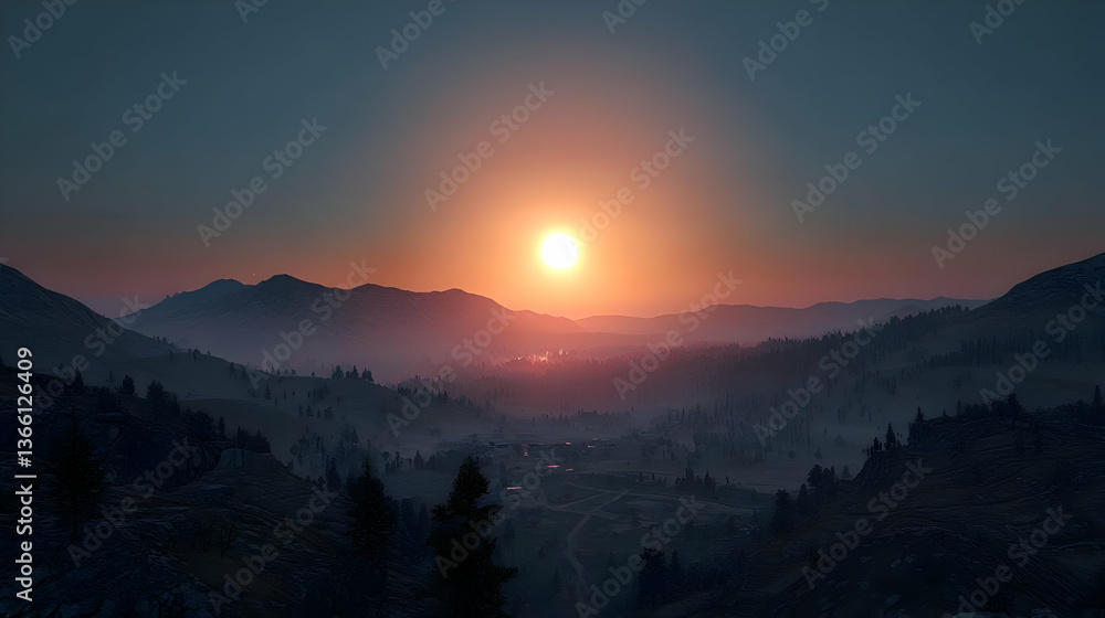 Obraz premium Sunrise Over Mountain Valley Landscape