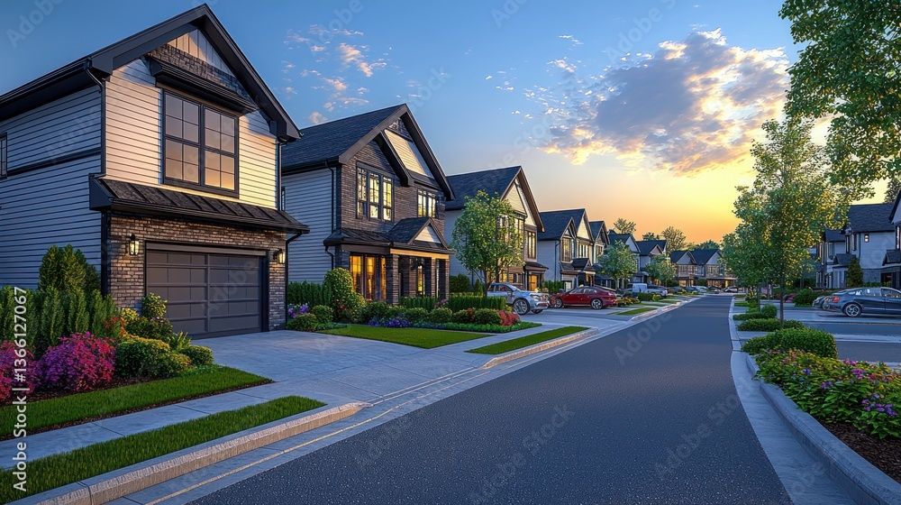Suburban street, sunset, new homes, landscaping, community Suburban street, sunset, new homes, landscaping, community