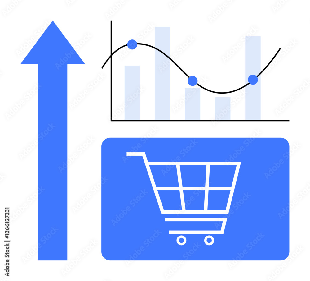 Upward arrow, bar chart with trendline, and shopping cart graphic highlighting e-commerce growth and data analysis. Ideal for business, marketing, e-commerce, analytics, sales trends strategy. Flat Upward arrow, bar chart with trendline, and shopping cart graphic highlighting e-commerce growth and data analysis. Ideal for business, marketing, e-commerce, analytics, sales trends strategy. Flat