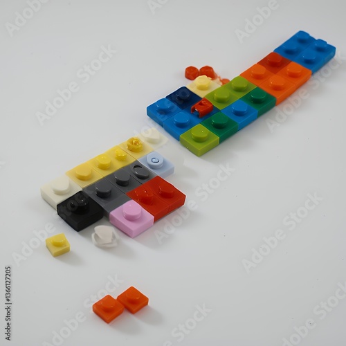 Colorful plastic building blocks disassembled on white background