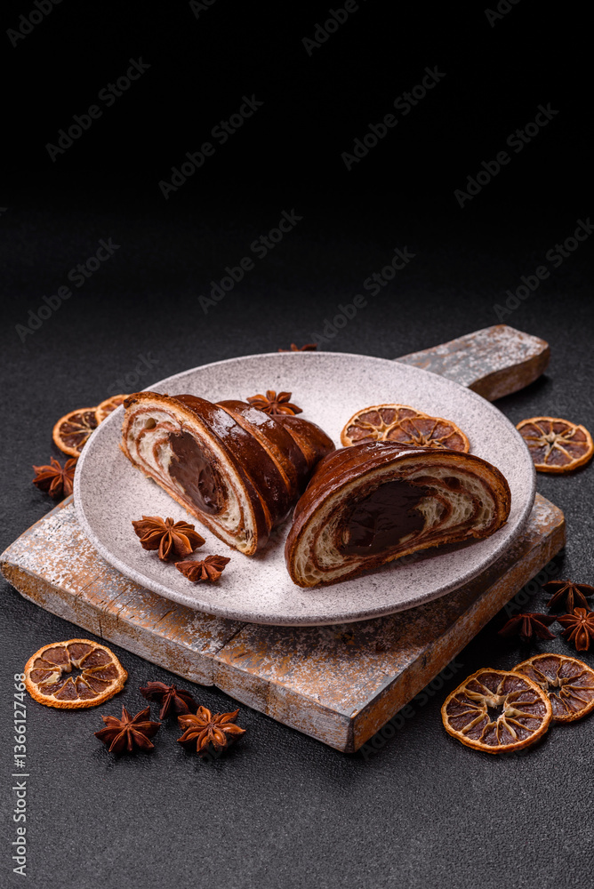 Sweet fresh crispy croissant with chocolate filling Sweet fresh crispy croissant with chocolate filling