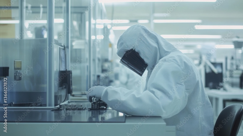 An AI powered robotic engineer assembling microchips in a high tech semiconductor fabrication lab, ultra-clean workspace with precision robotic arms, Nano-technology style An AI powered robotic engineer assembling microchips in a high tech semiconductor fabrication lab, ultra-clean workspace with precision robotic arms, Nano-technology style