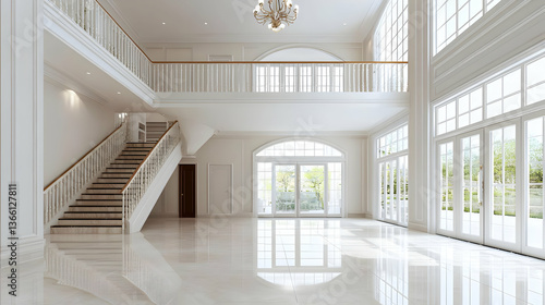 Spacious White Mansion Interior With Marble Floors And Large Windows