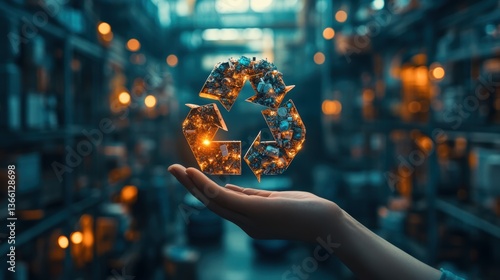 A concept image showing a circular economy with waste being reused in manufacturing processes, powered by technology and sustainability