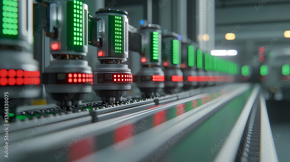 A futuristic assembly line featuring advanced robotic components with illuminated indicators, showcasing automation and technology in action. A futuristic assembly line featuring advanced robotic components with illuminated indicators, showcasing automation and technology in action.