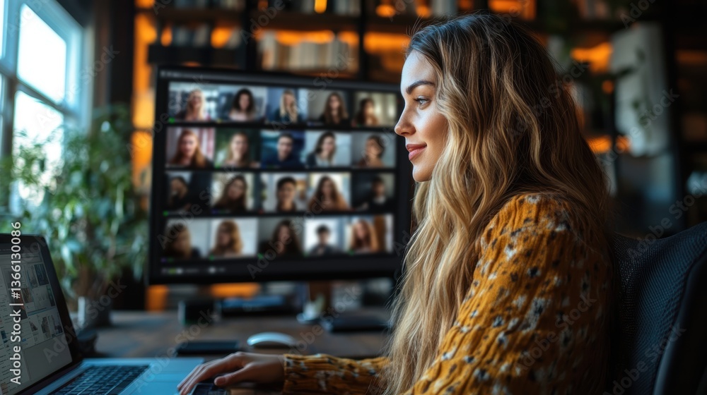 A teacher conducting an online class using video conferencing software, with students participating from different locations A teacher conducting an online class using video conferencing software, with students participating from different locations