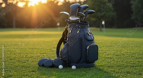 Premium midnight blue leather golf bag with brass hardware, sunrise, first tee, copy space