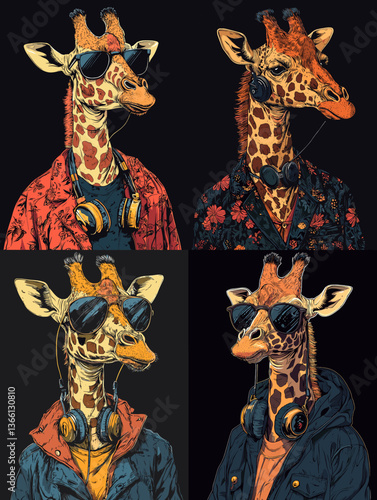 Trendy cartoon giraffes in stylish outfits with sunglasses and headphones, exuding coolness and a fashionable vibe. Fun, modern anthropomorphic giraffe characters in urban streetwear.

