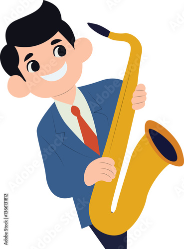 Smiling Man Playing Tenor Saxophone, A saxophonist happy International Jazz