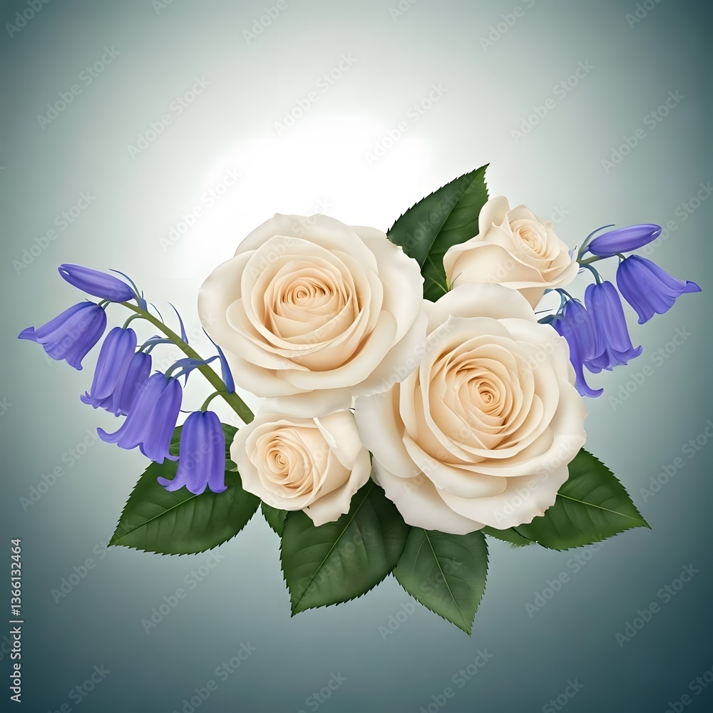 Fototapeta premium A combination of bluebells and white roses with a misty fade for elegant copy placement, AI Generated