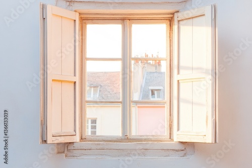 cityscape through open window with urban rooftops and pastel sunset filling view
