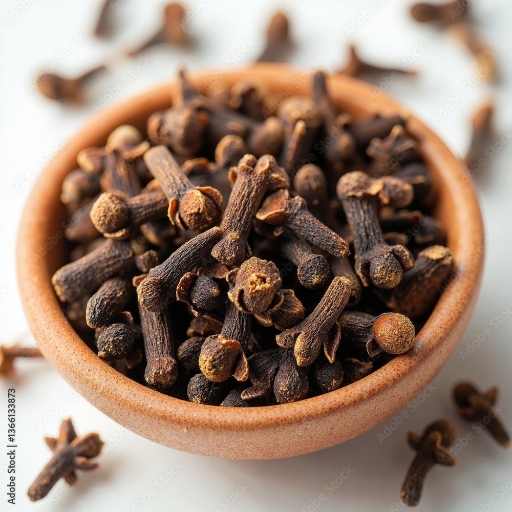 Fototapeta premium Aromatic cloves in a rustic bowl: culinary spice concept for kitchen decor and natural health