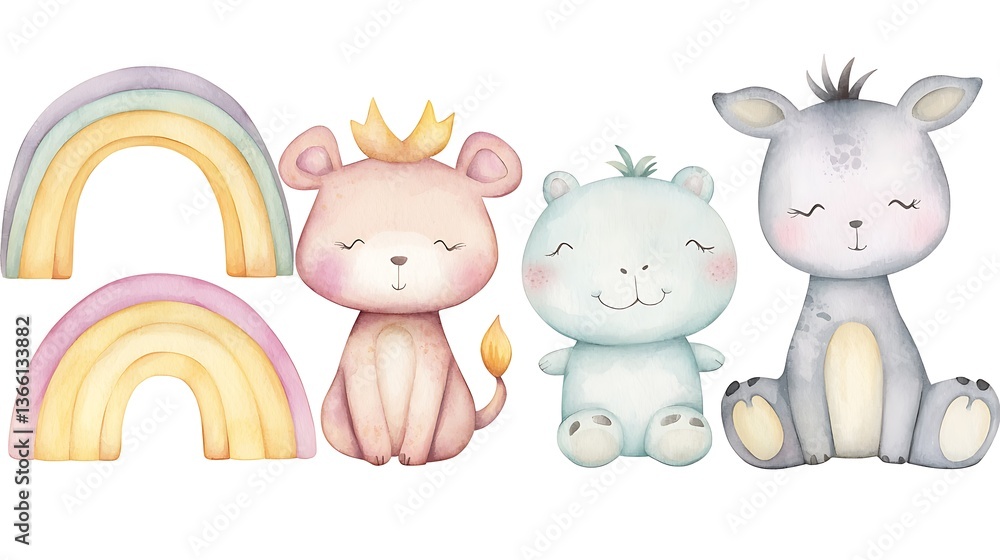 Obraz premium design cute animal wear suite with water color style in white background isolated on white,remain space between border each corner and rainbow and toy and hat and heart