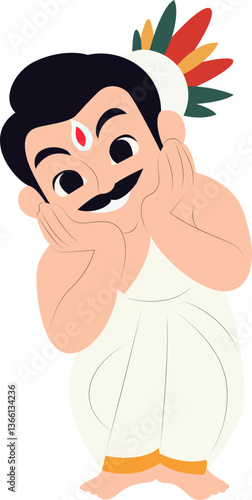 Happy Indian Man Cartoon Illustration, Man traditional Indian dancer in a Bharatnatyam pose happy International Dance Day