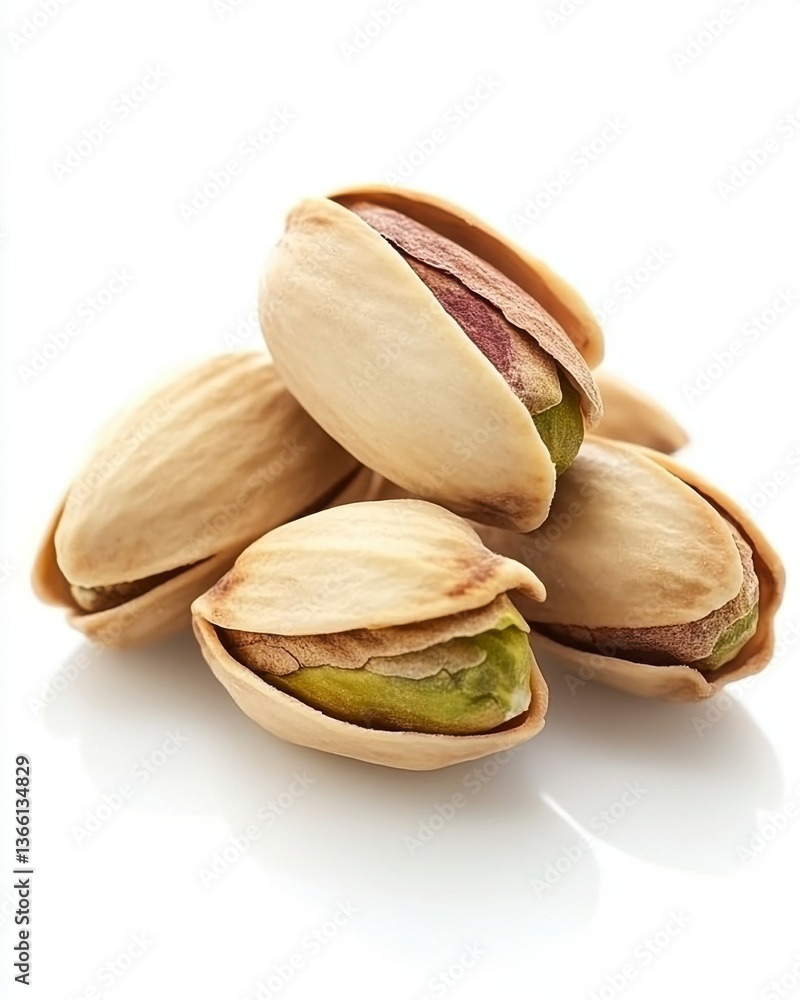 Close up of Four Opened Pistachios on White Background Close up of Four Opened Pistachios on White Background