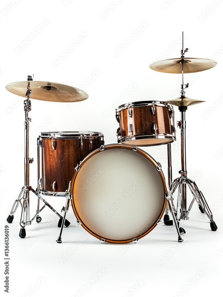 Drum Kit with Cymbals, Wood Grain Finish, Studio Setup, Isolated Drum Kit with Cymbals, Wood Grain Finish, Studio Setup, Isolated