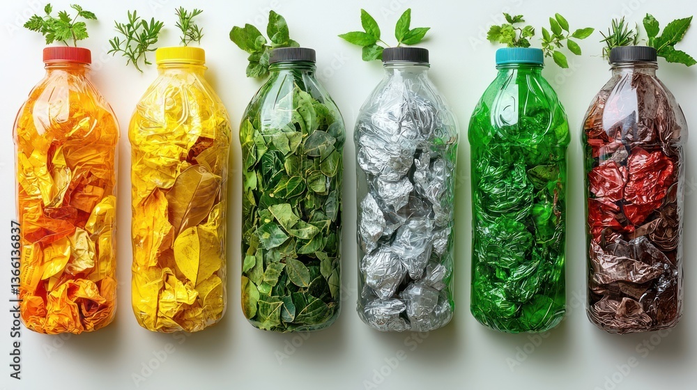 Recycled materials in bottles, studio shot, environmental awareness, recycling campaign Recycled materials in bottles, studio shot, environmental awareness, recycling campaign