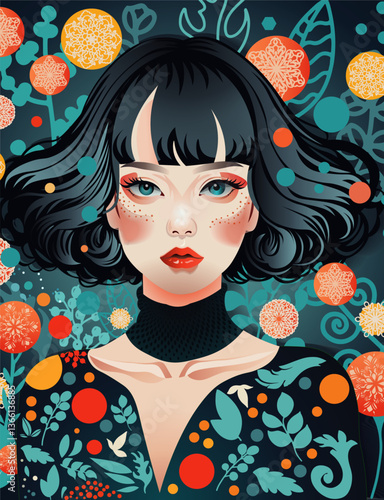 Cute girl in the abstract print dress