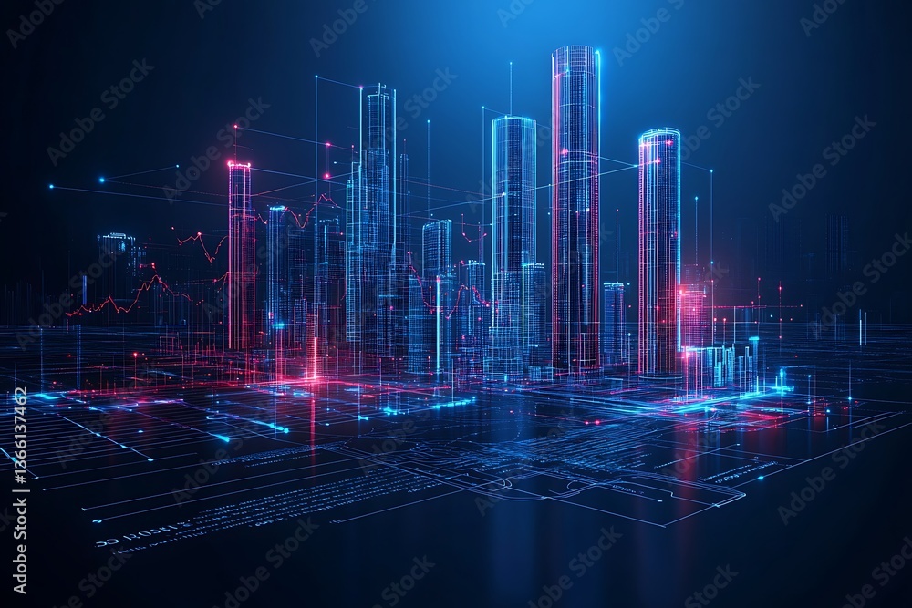 An illuminated digital cityscape depicting data and network connections visually An illuminated digital cityscape depicting data and network connections visually