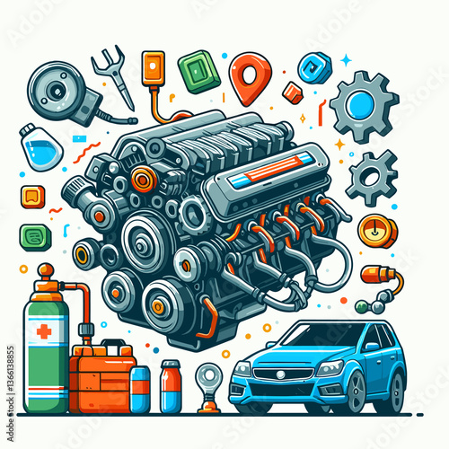 A cartoon drawing of a car engine with a bunch of tools