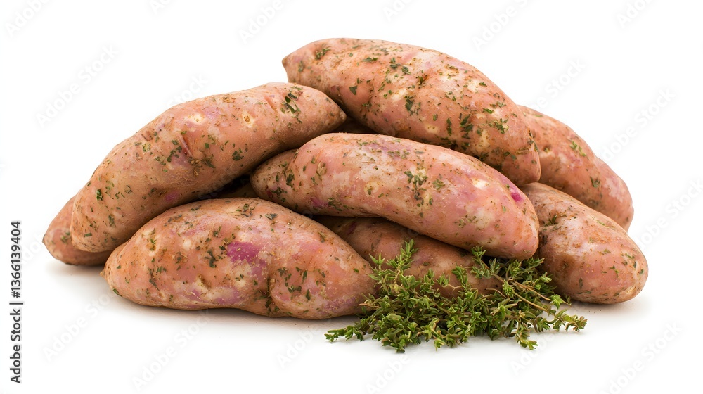 Fresh Organic Sweet Potatoes with Thyme on White Background for Healthy Cooking and Dining Fresh Organic Sweet Potatoes with Thyme on White Background for Healthy Cooking and Dining