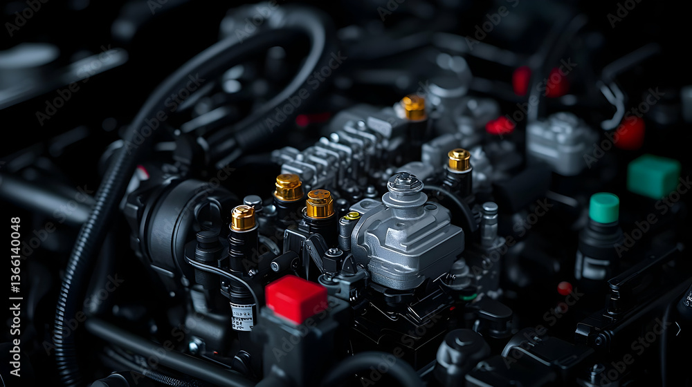 Fototapeta premium Detailed Close Up View Of A Car Engine Showing Complex Metal Parts With Gold Silver And Red Color Accents In A Dark Environment