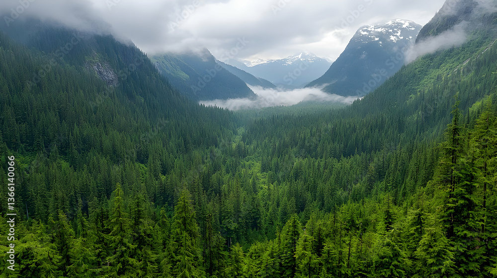 Fototapeta premium Aerial View Of Dense Green Forest Landscape Between Mountain Peaks Under Cloudy Sky With Misty Valley