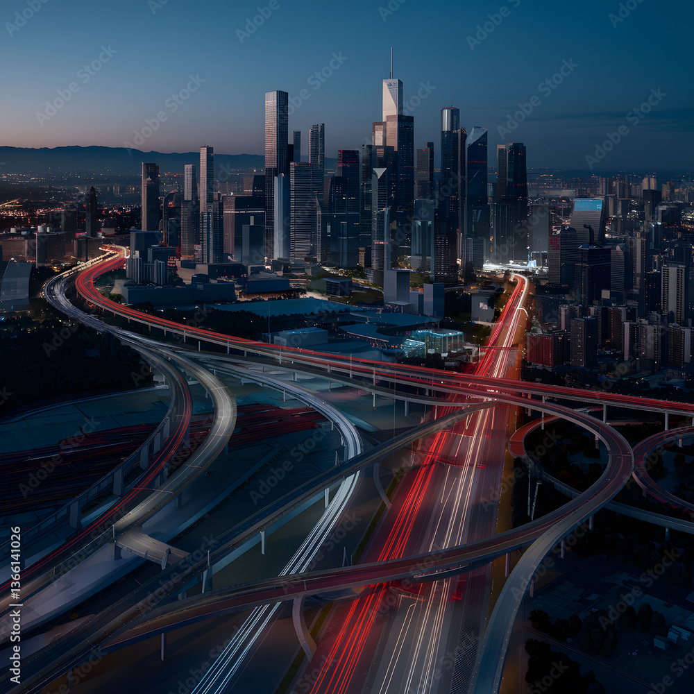 Obraz premium Cityscape at twilight featuring a modern skyline with highway overpasses illuminated by streaking headlights creating dynamic lines.