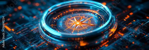 Illuminated compass on a circuit board background glowing with blue and orange light.