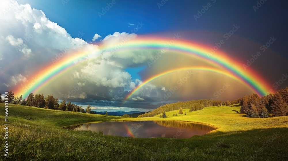 Naklejka premium Majestic rainbow formation over serene lake nature landscape photography vibrant sky peaceful environment