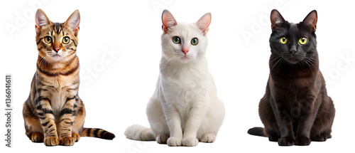Three cat set, white cat, black cat, brown cat isolated on transparent background