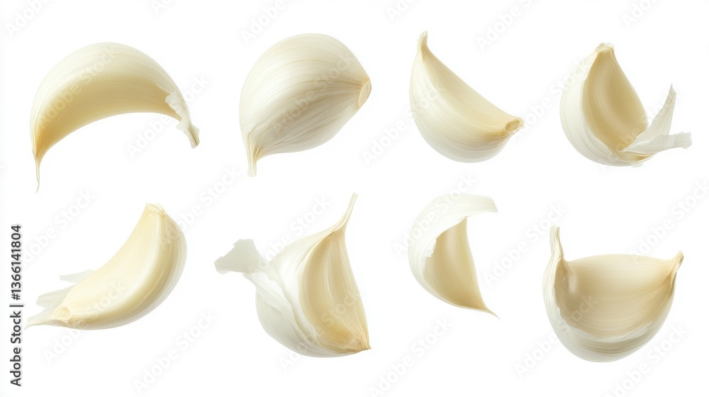 Floating Garlic Cloves on White Background Culinary Photography Floating Garlic Cloves on White Background Culinary Photography