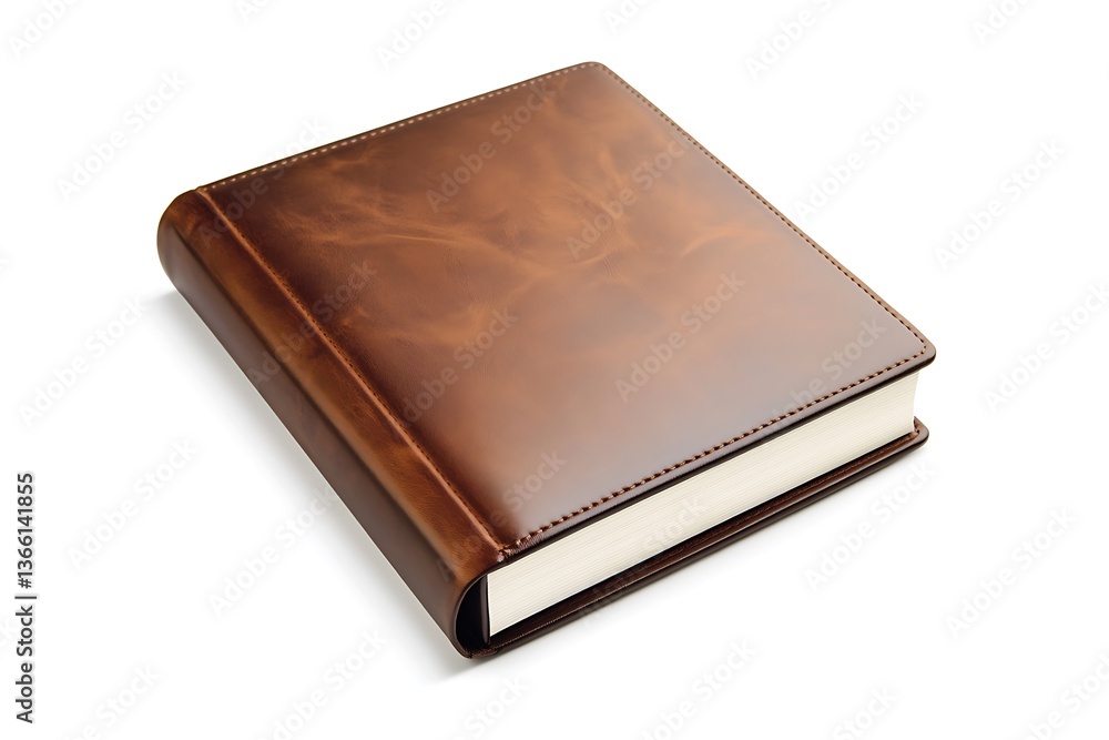 Contemporary brown leather travel album with a sleek profile and smooth finish, set against a clean white backdrop. Contemporary brown leather travel album with a sleek profile and smooth finish, set against a clean white backdrop.